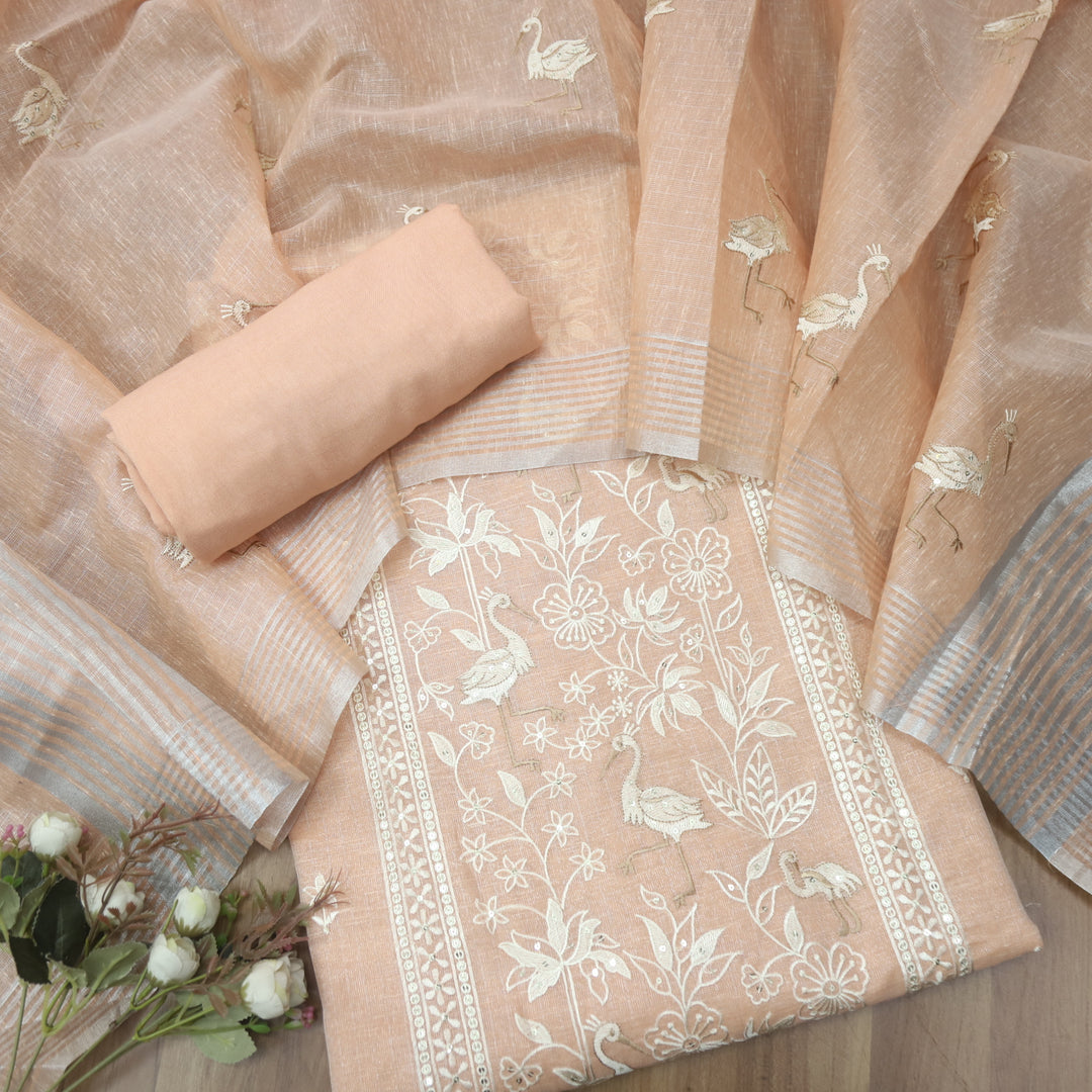 Paakhi Pumpkin Peach Floral with Flamingo Thread Work Shimmer Tissue Linen Set