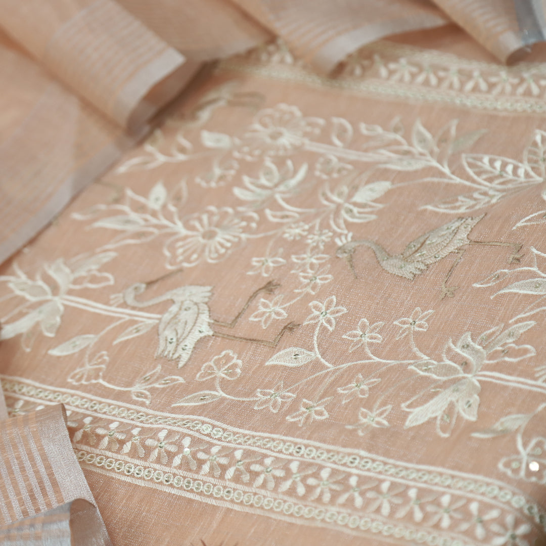 Paakhi Pumpkin Peach Floral with Flamingo Thread Work Shimmer Tissue Linen Set