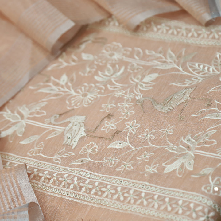 Paakhi Pumpkin Peach Floral with Flamingo Thread Work Shimmer Tissue Linen Set