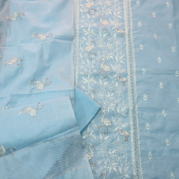 Paakhi Powder Blue Floral with Flamingo Thread Work Shimmer Tissue Linen Set