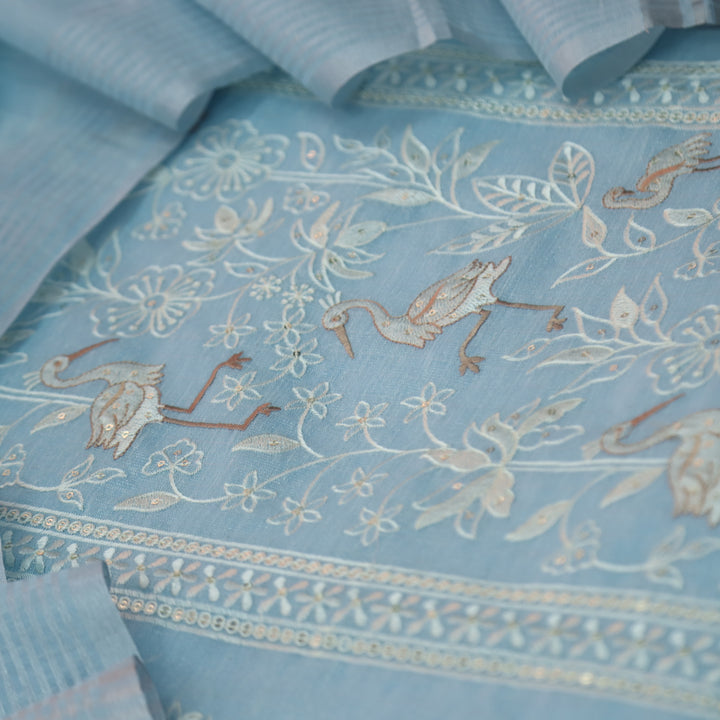 Paakhi Powder Blue Floral with Flamingo Thread Work Shimmer Tissue Linen Set