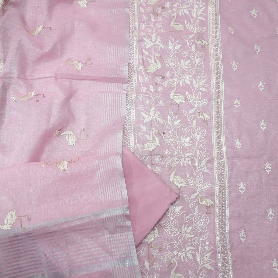 Paakhi Lilly Lilac Floral with Flamingo Thread Work Shimmer Tissue Linen Set