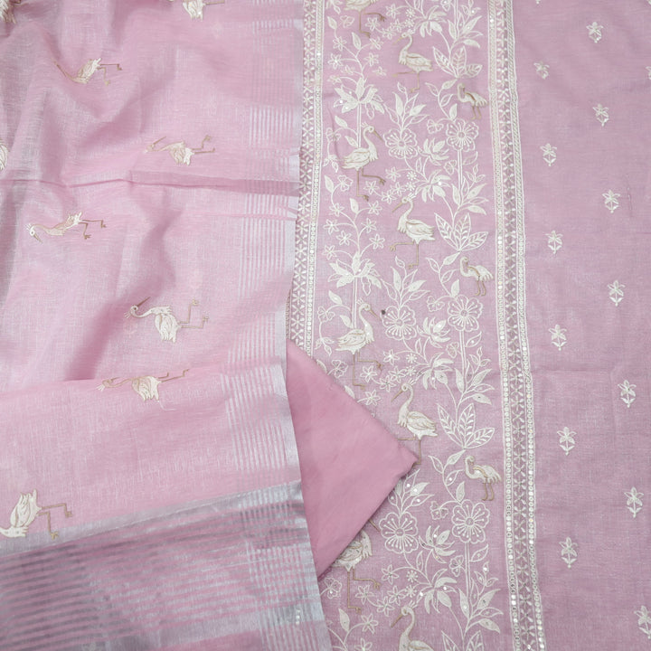 Paakhi Lilly Lilac Floral with Flamingo Thread Work Shimmer Tissue Linen Set