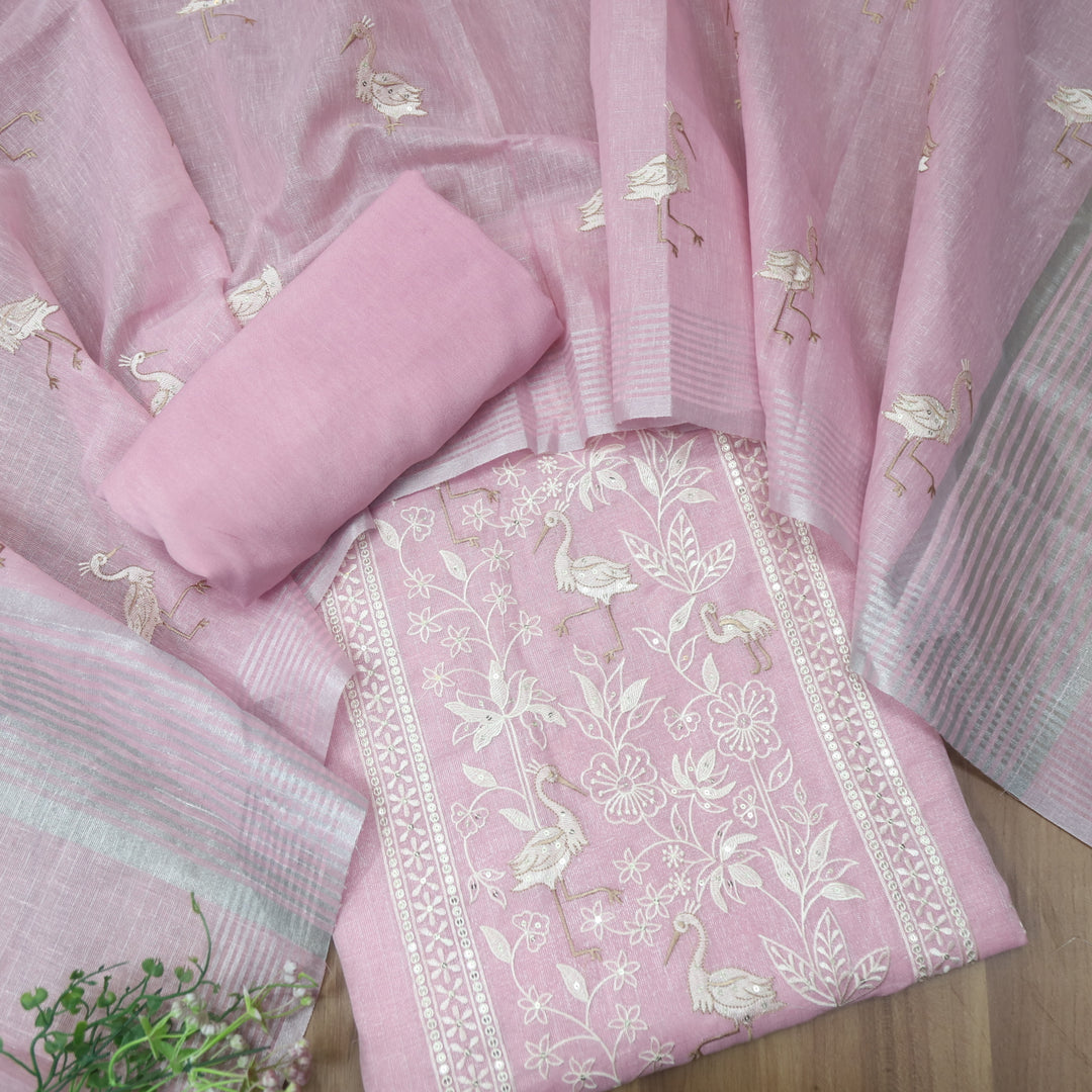 Paakhi Lilly Lilac Floral with Flamingo Thread Work Shimmer Tissue Linen Set