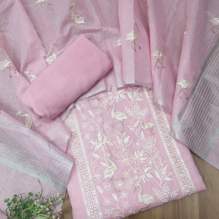 Paakhi Lilly Lilac Floral with Flamingo Thread Work Shimmer Tissue Linen Set