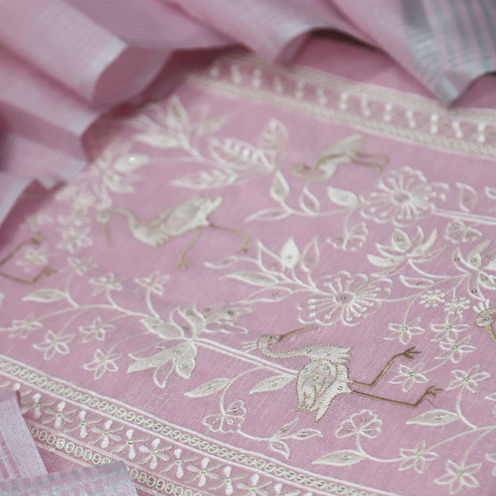 Paakhi Lilly Lilac Floral with Flamingo Thread Work Shimmer Tissue Linen Set