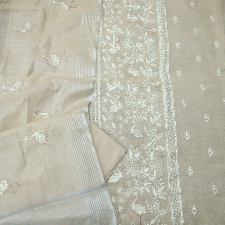 Paakhi Champagne Beige Floral with Flamingo Thread Work Shimmer Tissue Linen Set