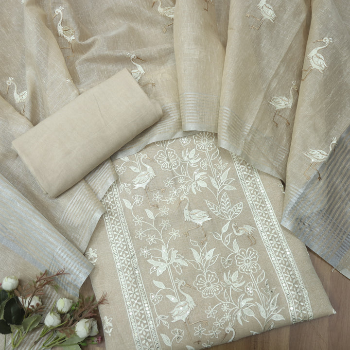Paakhi Champagne Beige Floral with Flamingo Thread Work Shimmer Tissue Linen Set