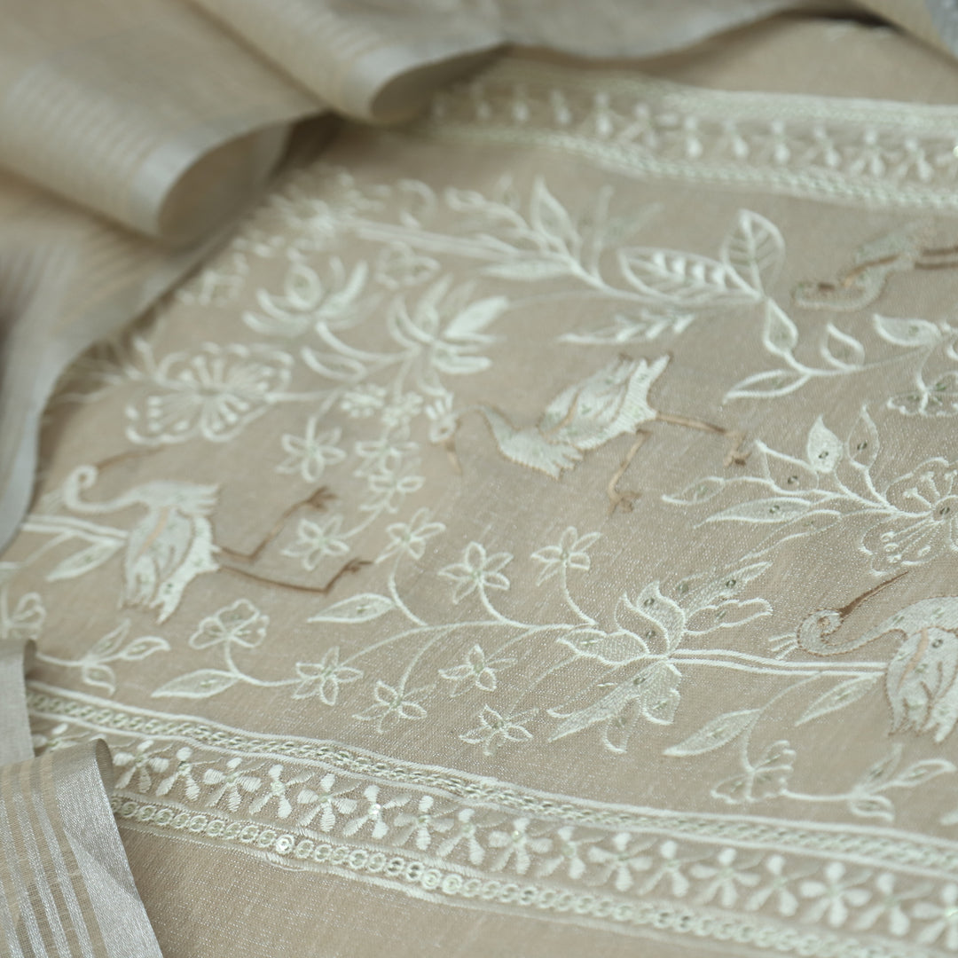 Paakhi Champagne Beige Floral with Flamingo Thread Work Shimmer Tissue Linen Set