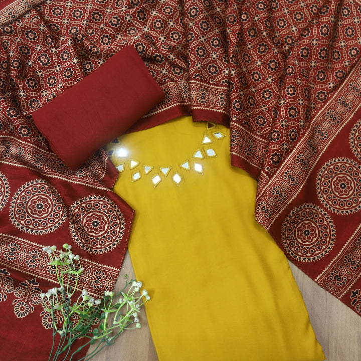 Paakhi Turmeric Yellow Mirror Neck Work Modal Suit Set with Red Mashru Dupatta