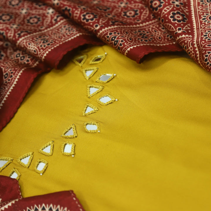 Paakhi Turmeric Yellow Mirror Neck Work Modal Suit Set with Red Mashru Dupatta