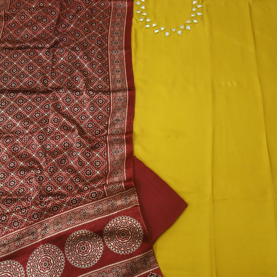 Paakhi Turmeric Yellow Mirror Neck Work Modal Suit Set with Red Mashru Dupatta