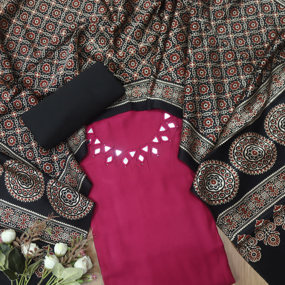 Paakhi Magenta Purple Mirror Neck Work Modal Suit Set with Black Mashru Dupatta
