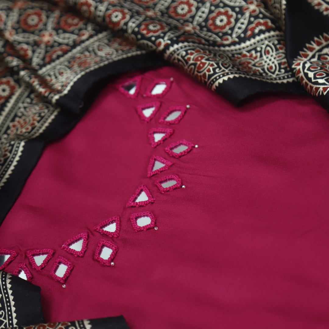 Paakhi Magenta Purple Mirror Neck Work Modal Suit Set with Black Mashru Dupatta