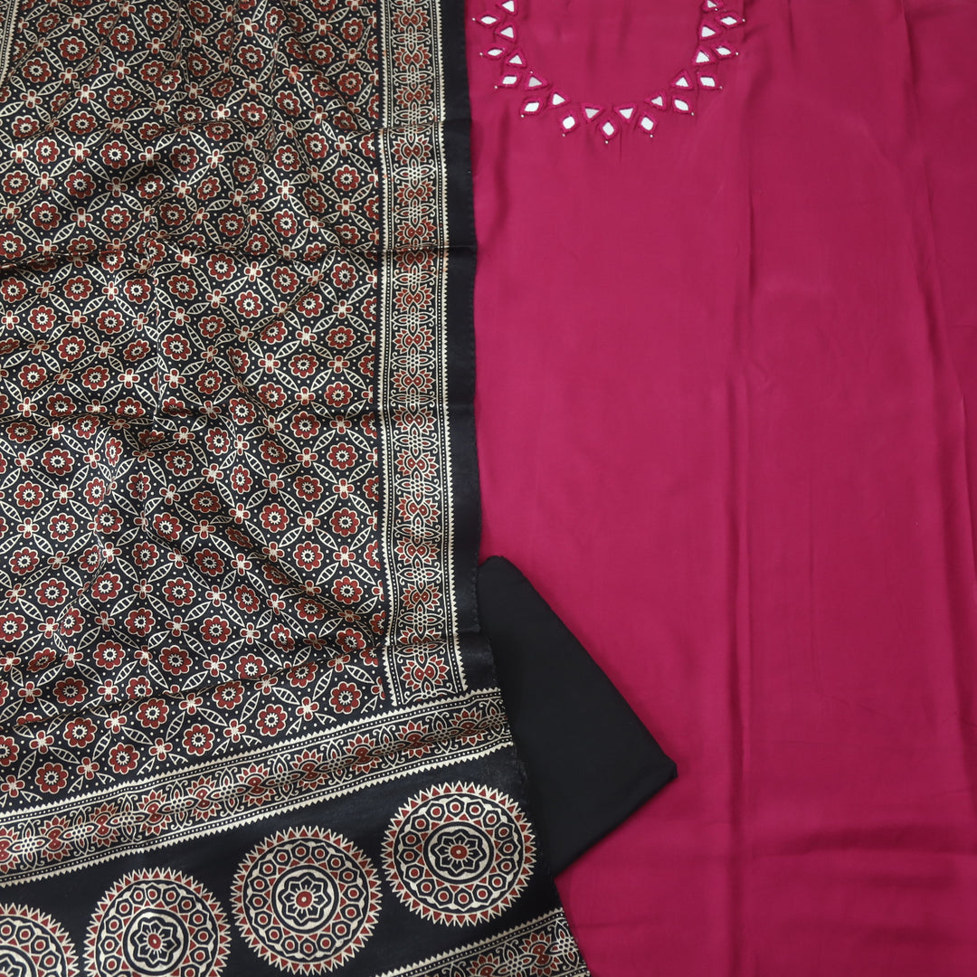 Paakhi Magenta Purple Mirror Neck Work Modal Suit Set with Black Mashru Dupatta