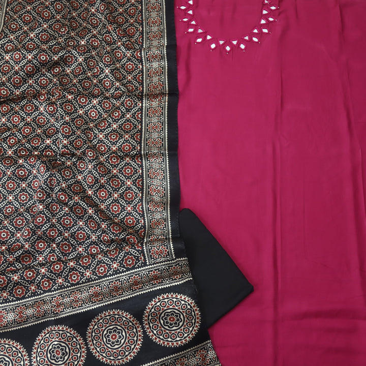 Paakhi Magenta Purple Mirror Neck Work Modal Suit Set with Black Mashru Dupatta