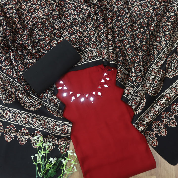 Paakhi Maroon Red Mirror Neck Work Modal Suit Set with Black Mashru Dupatta