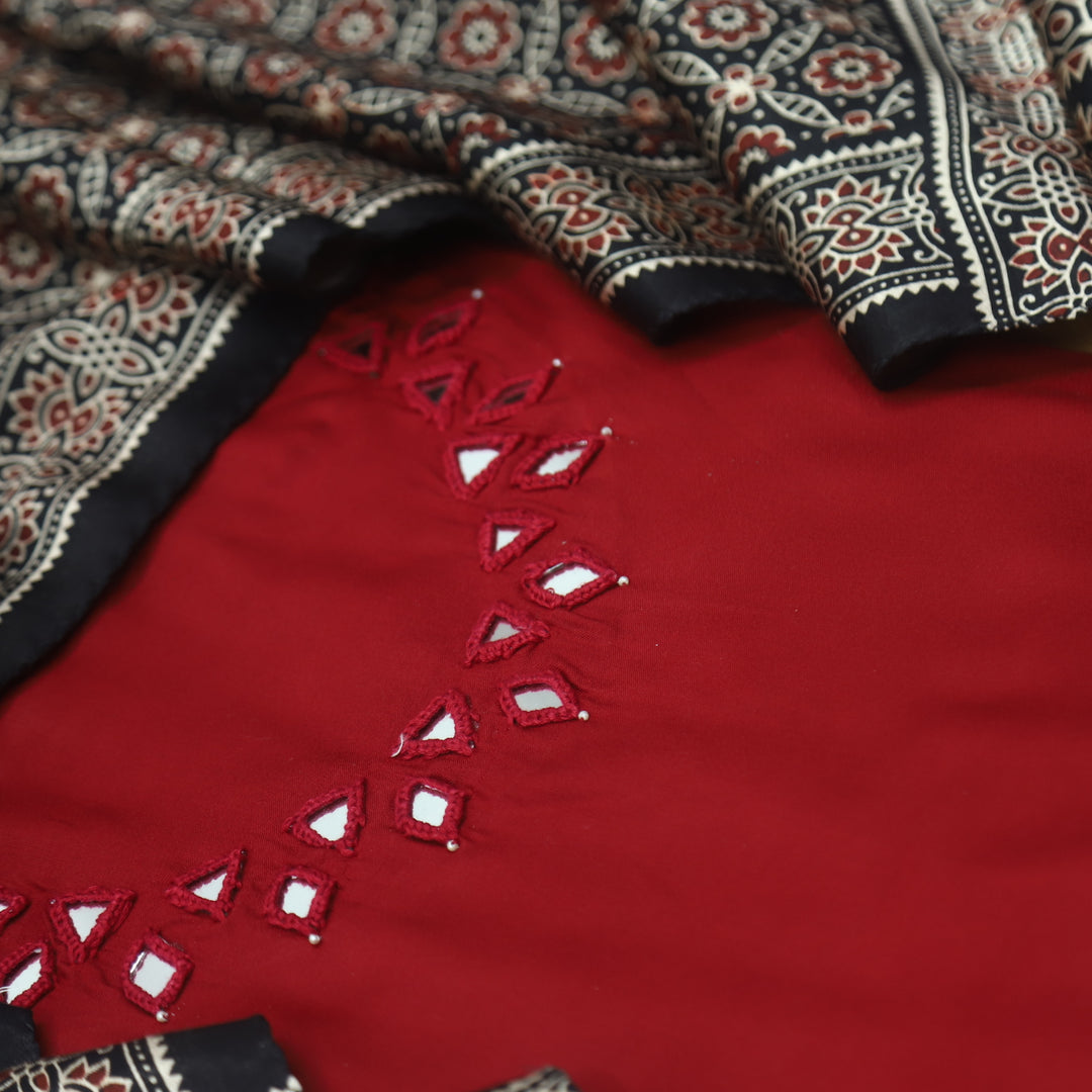 Paakhi Maroon Red Mirror Neck Work Modal Suit Set with Black Mashru Dupatta