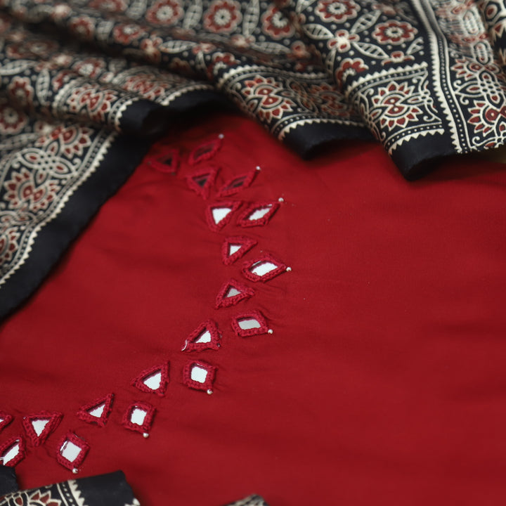Paakhi Maroon Red Mirror Neck Work Modal Suit Set with Black Mashru Dupatta