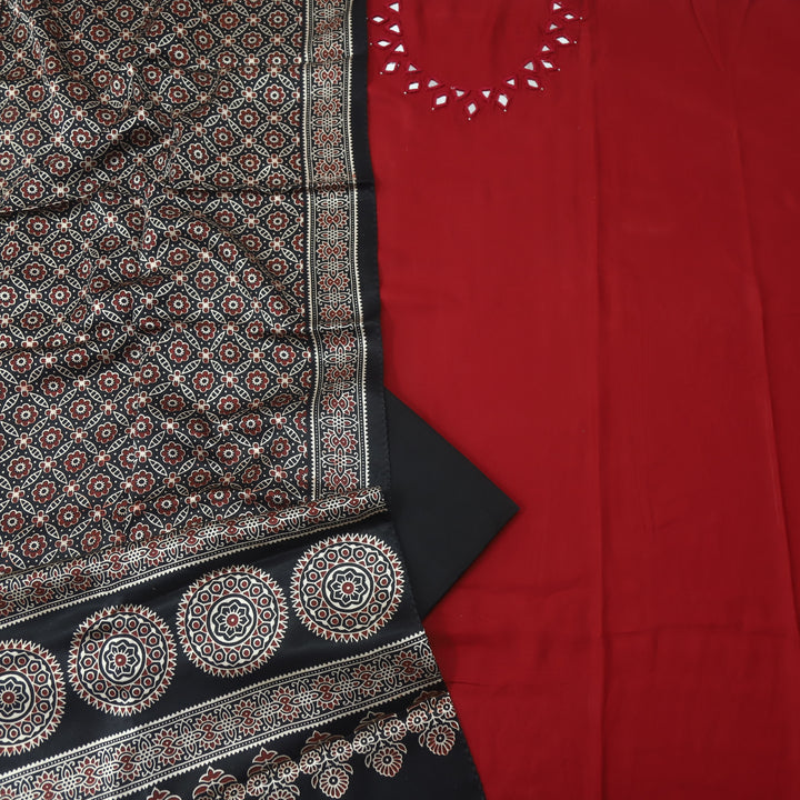 Paakhi Maroon Red Mirror Neck Work Modal Suit Set with Black Mashru Dupatta