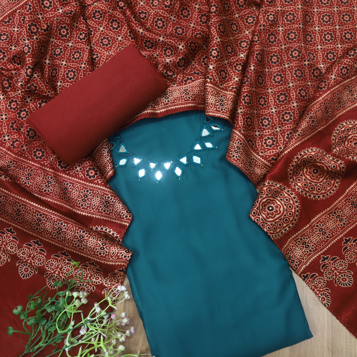 Paakhi Cerulean Teal Mirror Neck Work Modal Suit Set with Red Mashru Dupatta