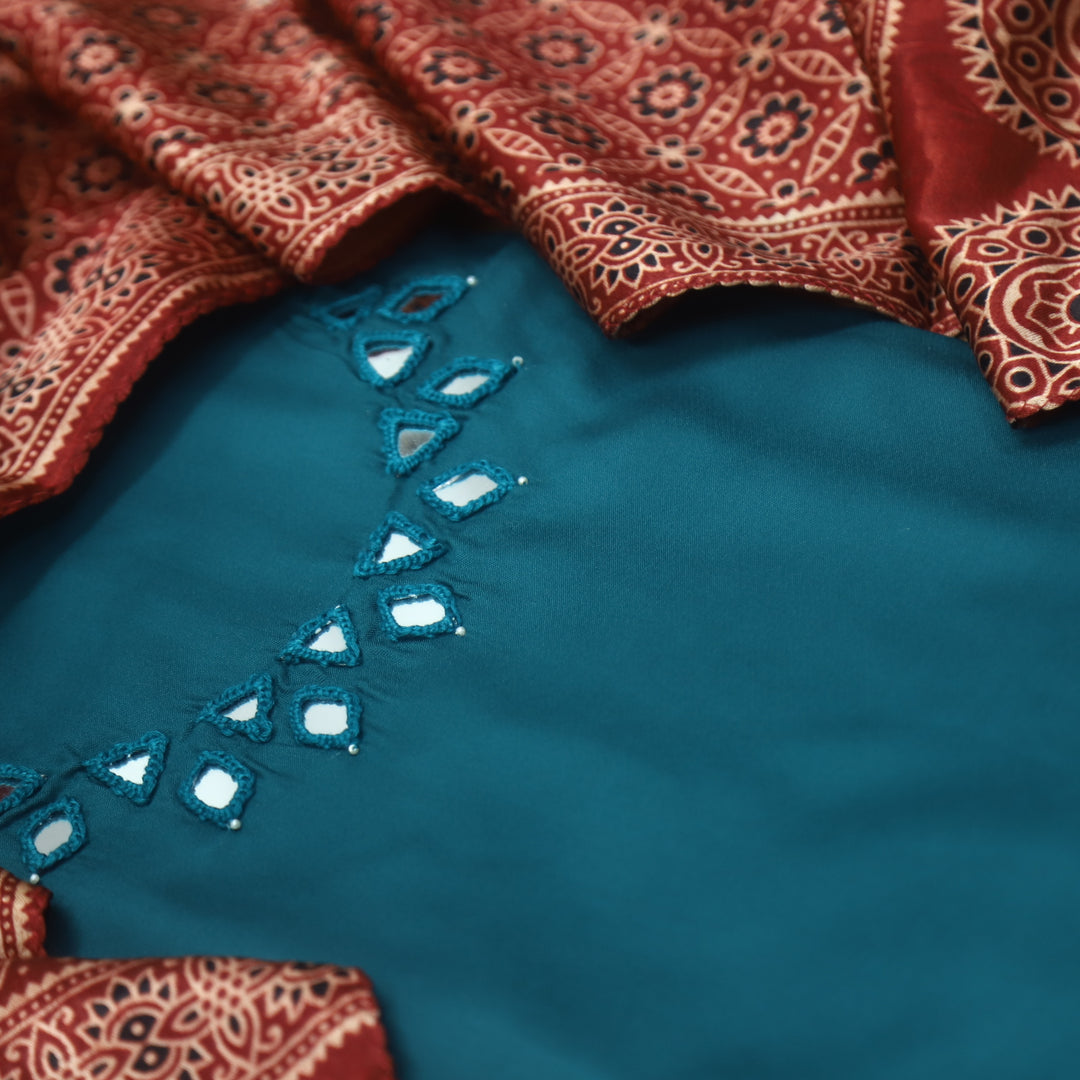 Paakhi Cerulean Teal Mirror Neck Work Modal Suit Set with Red Mashru Dupatta