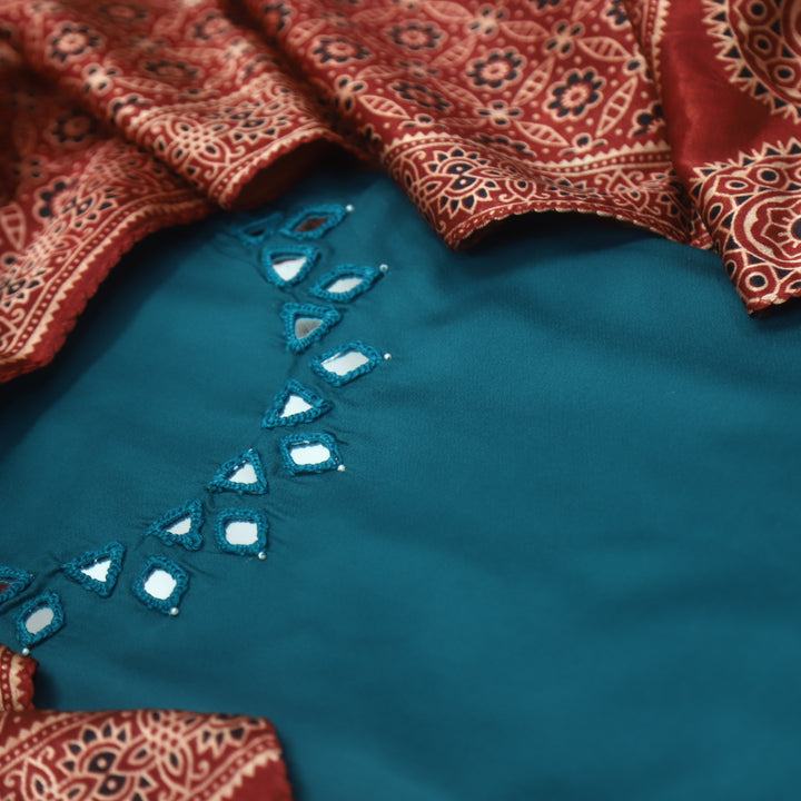 Paakhi Cerulean Teal Mirror Neck Work Modal Suit Set with Red Mashru Dupatta