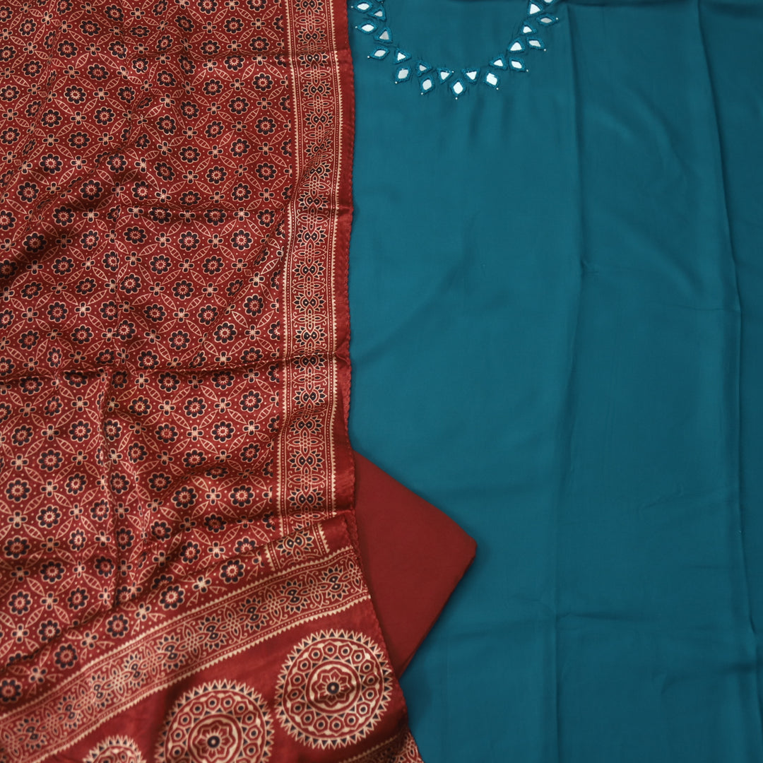 Paakhi Cerulean Teal Mirror Neck Work Modal Suit Set with Red Mashru Dupatta
