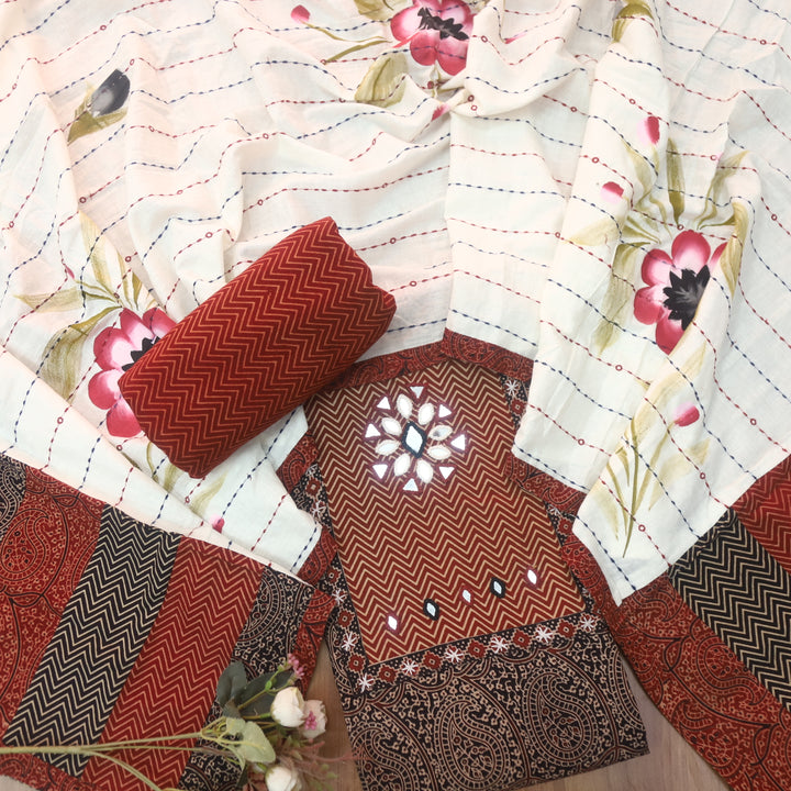 Sadhgi Ebony Black Kutch Patch With Mirror in Ajrak Printed Cotton Suit Set