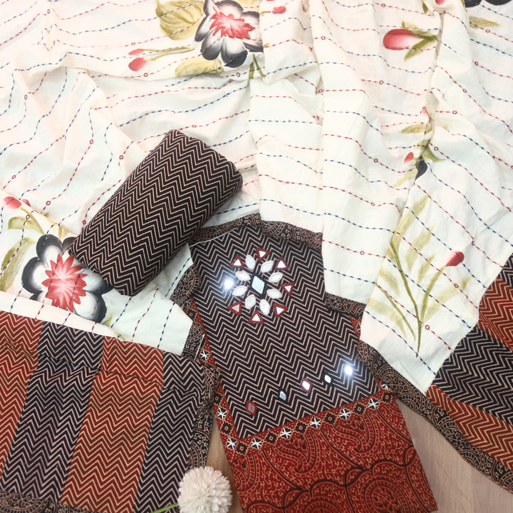 Sadhgi Cherry Red Kutch Patch With Mirror in Ajrak Printed Cotton Suit Set