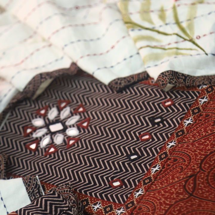 Sadhgi Cherry Red Kutch Patch With Mirror in Ajrak Printed Cotton Suit Set