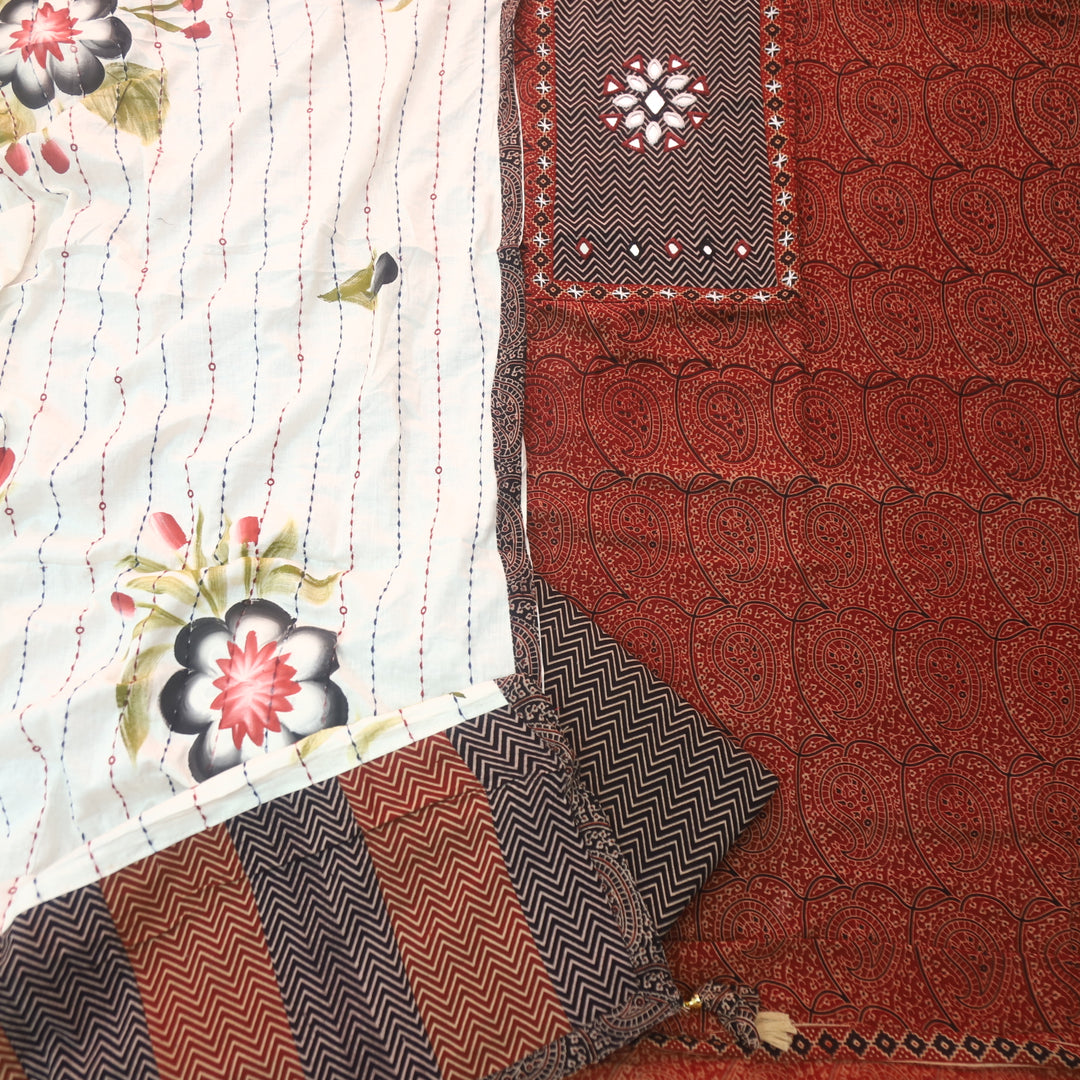 Sadhgi Cherry Red Kutch Patch With Mirror in Ajrak Printed Cotton Suit Set
