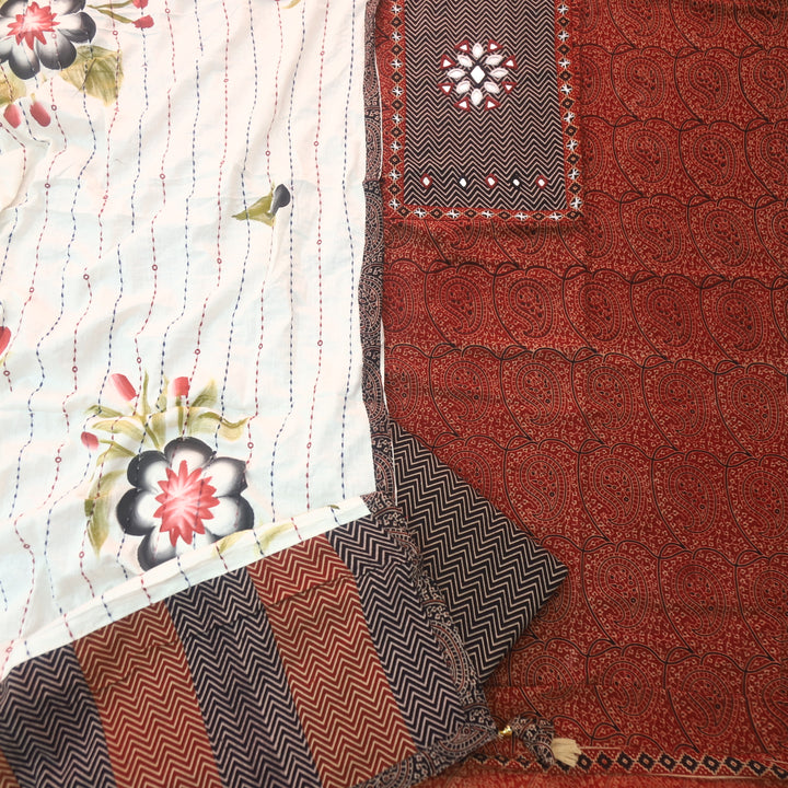 Sadhgi Cherry Red Kutch Patch With Mirror in Ajrak Printed Cotton Suit Set