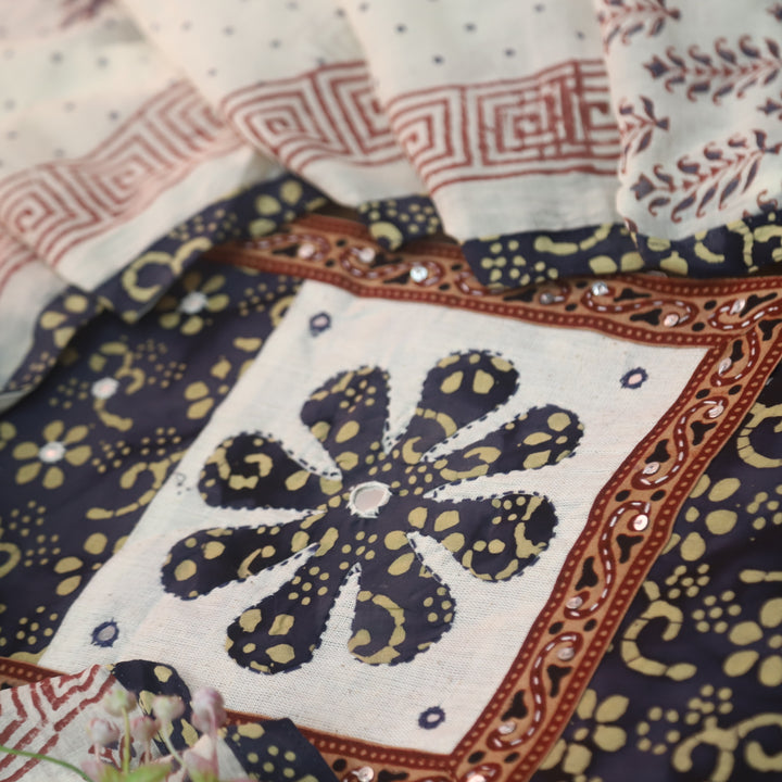 Sadhgi Navy Blue Applique Patch Neck Work in Batik Printed Cotton Suit Set