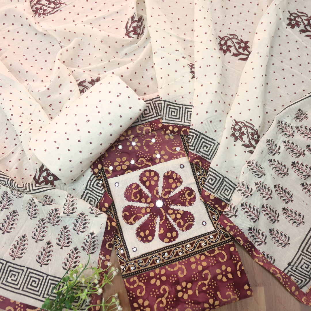 Sadhgi Cranberry Red Applique Patch Neck Work in Batik Printed Cotton Suit Set