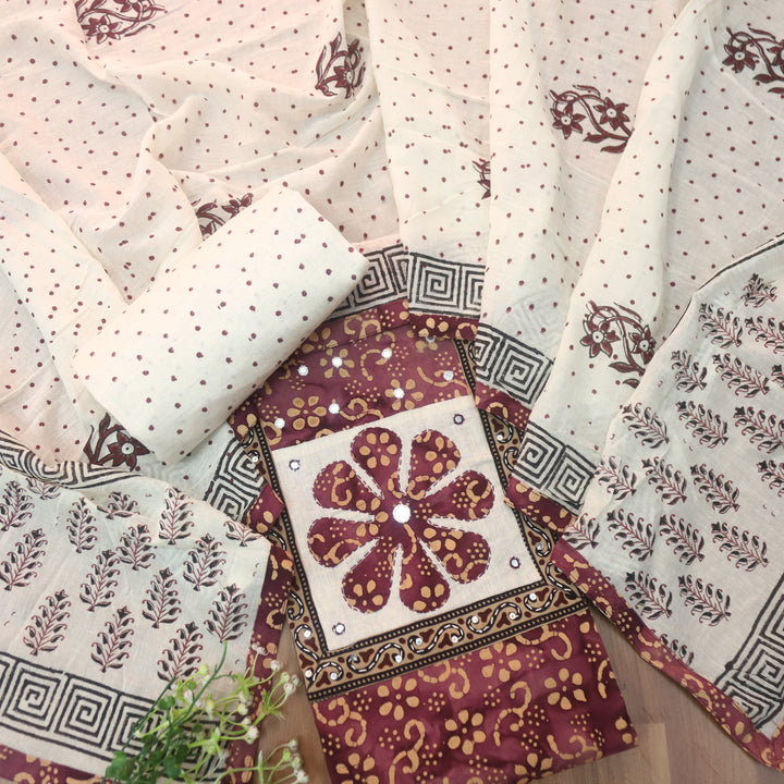 Sadhgi Cranberry Red Applique Patch Neck Work in Batik Printed Cotton Suit Set