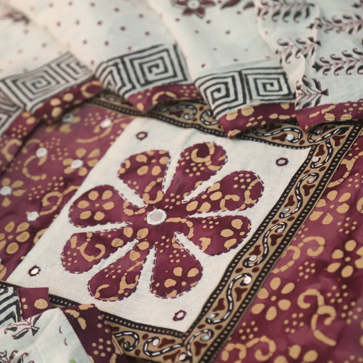 Sadhgi Cranberry Red Applique Patch Neck Work in Batik Printed Cotton Suit Set