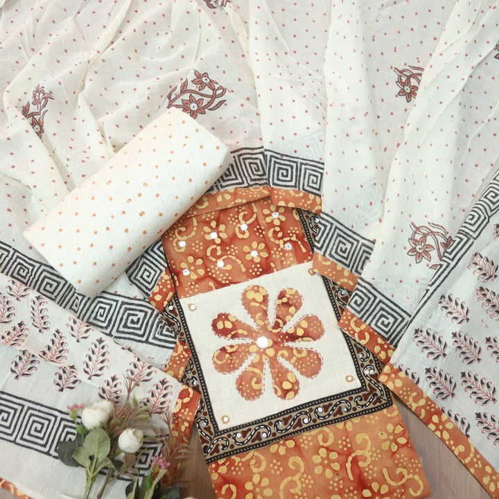 Sadhgi Tangerine Orange Applique Patch Neck Work in Batik Printed Cotton Suit Set