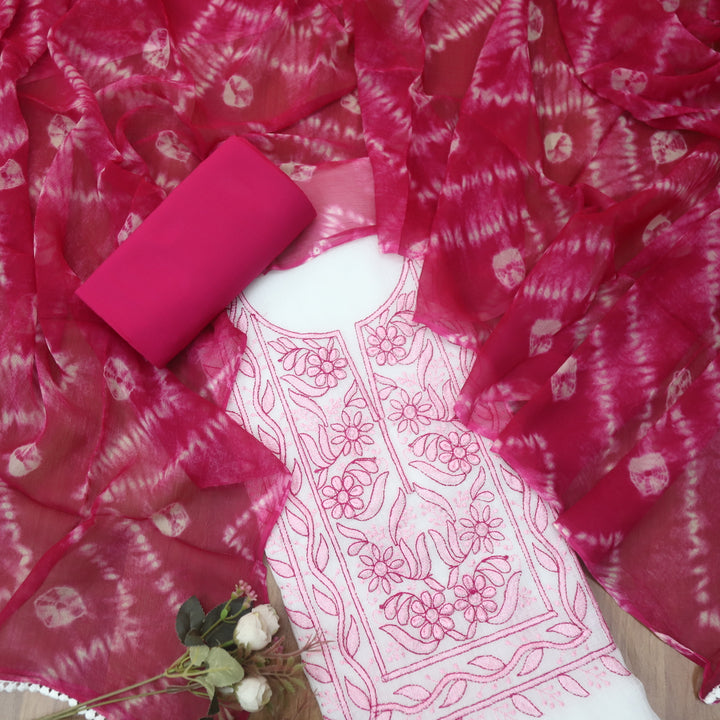 Sadhi White with Pink Thread Embroidered Neck with All Over Buti Kota Doriya Set