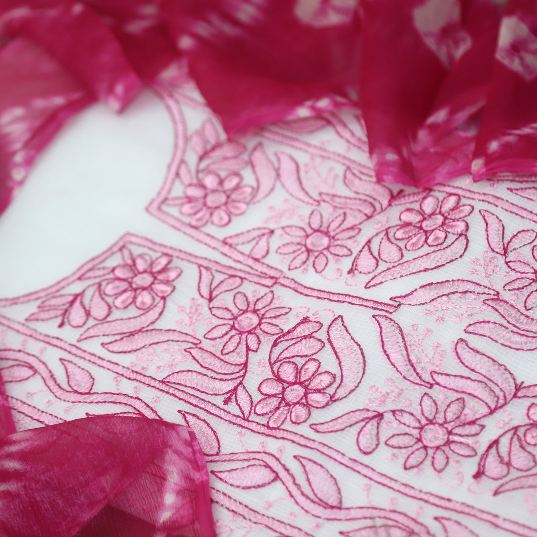Sadhi White with Pink Thread Embroidered Neck with All Over Buti Kota Doriya Set