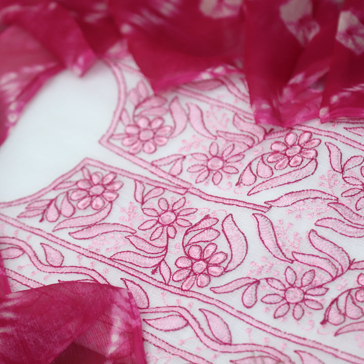 Sadhi White with Pink Thread Embroidered Neck with All Over Buti Kota Doriya Set