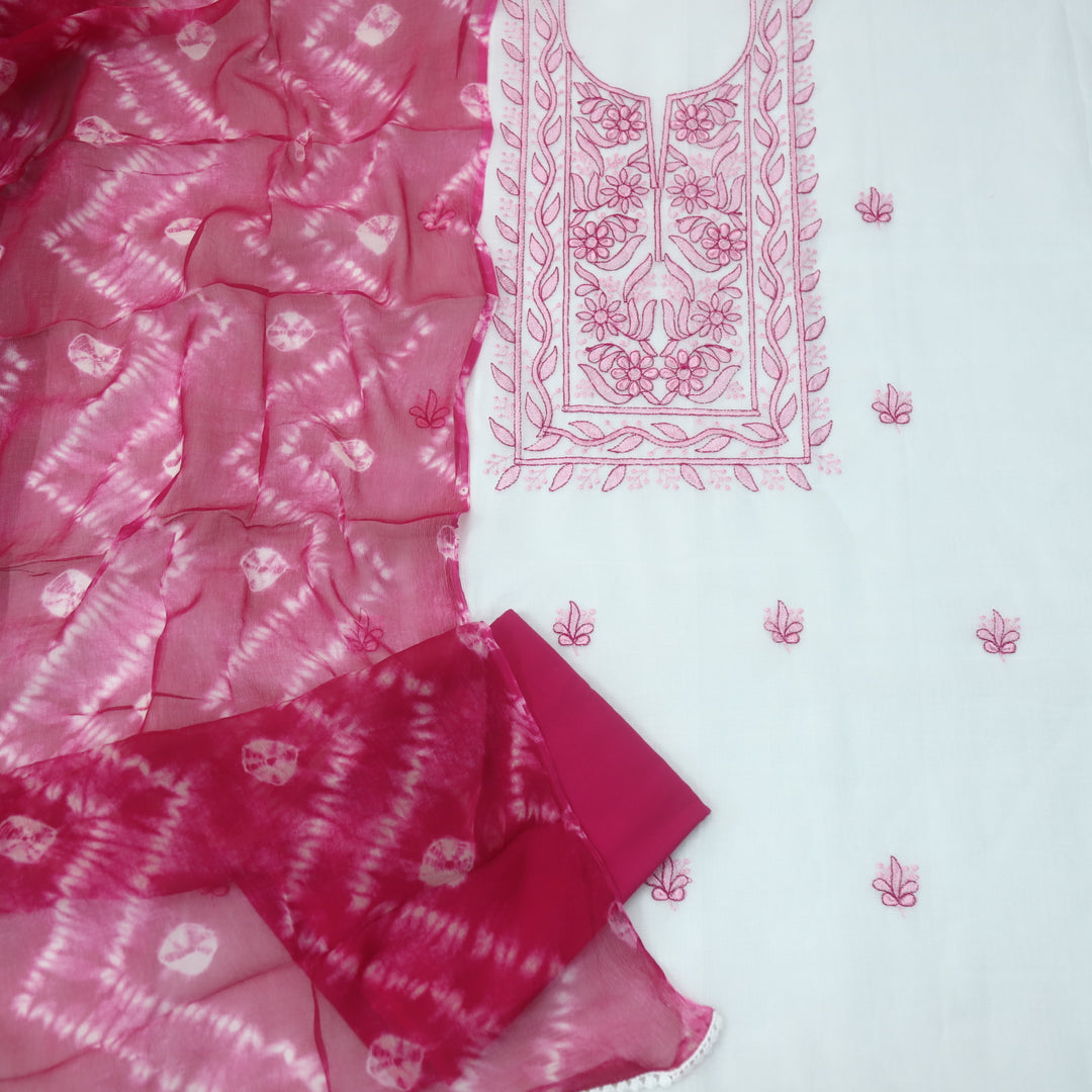 Sadhi White with Pink Thread Embroidered Neck with All Over Buti Kota Doriya Set