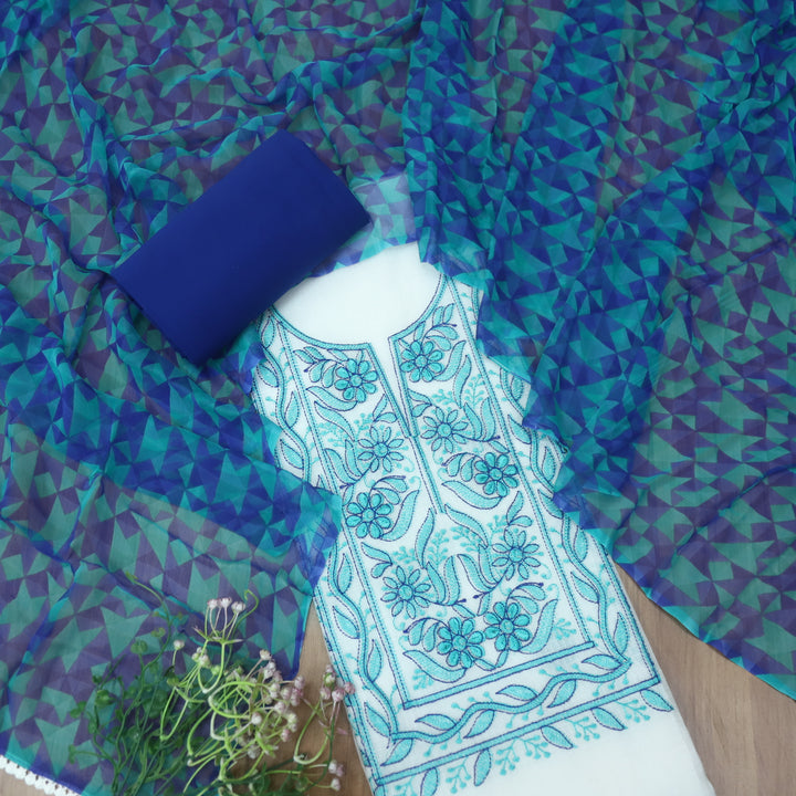 Sadhi White with Blue Thread Embroidered Neck with All Over Buti Kota Doriya Set