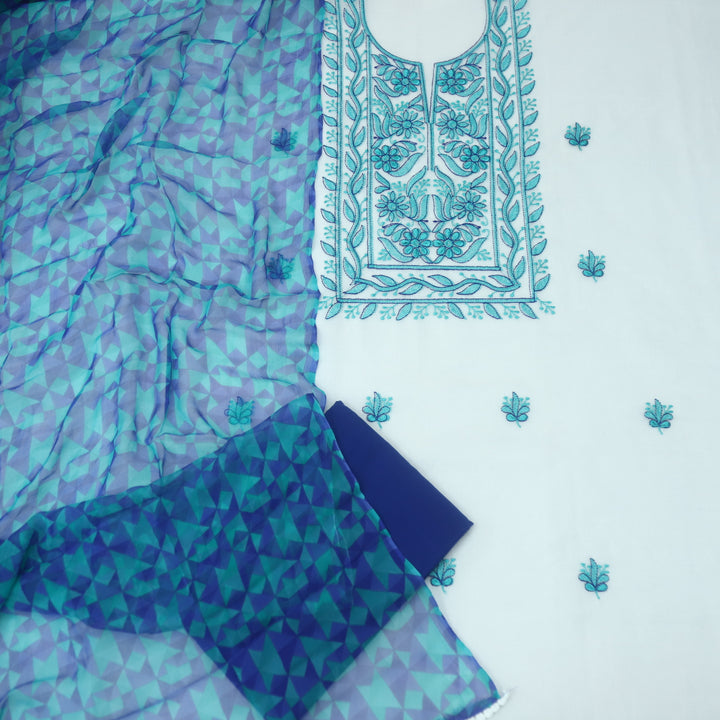 Sadhi White with Blue Thread Embroidered Neck with All Over Buti Kota Doriya Set