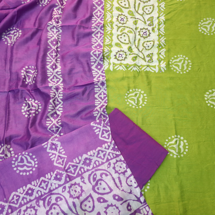 Rooprani Lemon Green French Knot in Batik Print Neck Work Chanderi Suit Set