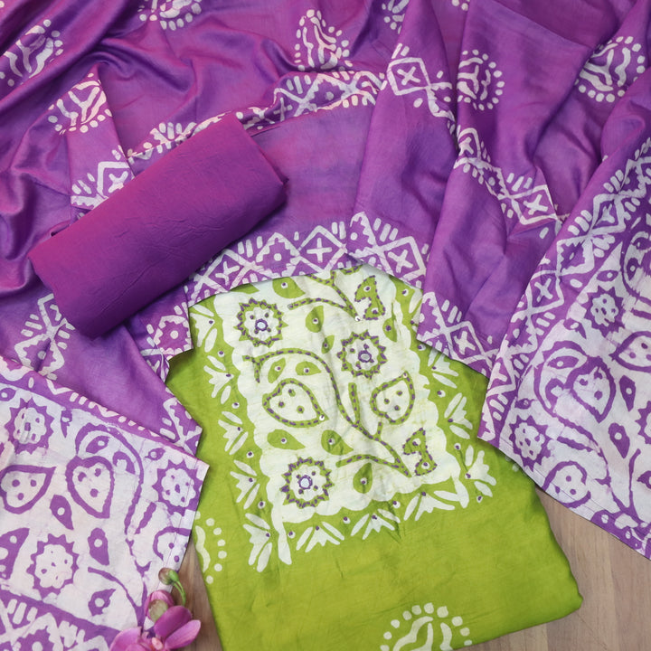 Rooprani Lemon Green French Knot in Batik Print Neck Work Chanderi Suit Set