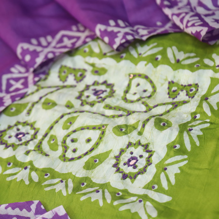 Rooprani Lemon Green French Knot in Batik Print Neck Work Chanderi Suit Set