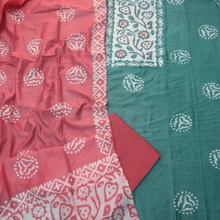Rooprani Sage Castle Green French Knot in Batik Print Neck Work Chanderi Suit Set