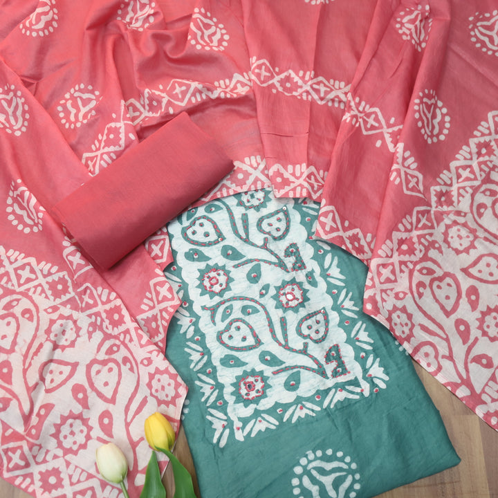Rooprani Sage Castle Green French Knot in Batik Print Neck Work Chanderi Suit Set