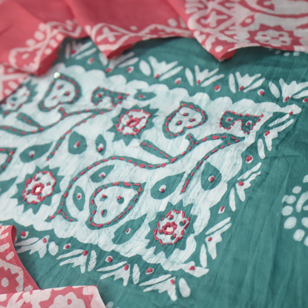 Rooprani Sage Castle Green French Knot in Batik Print Neck Work Chanderi Suit Set